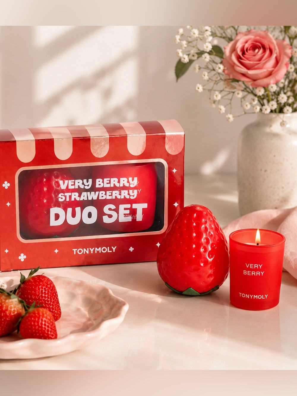 TONYMOLY Very Berry Strawberry Duo Set Hand Cream & Candle Gift Set NIB